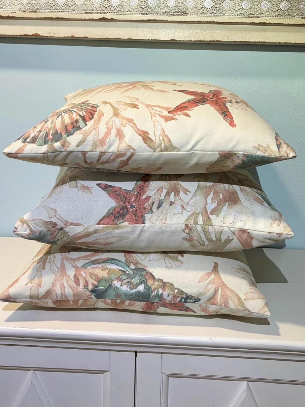 Coastal Seashell Design Decorative Throw Pillows - Set of 3. Size 16” x 16”